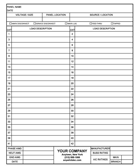 electrical panel box list template|printable 42 circuit panel schedule.